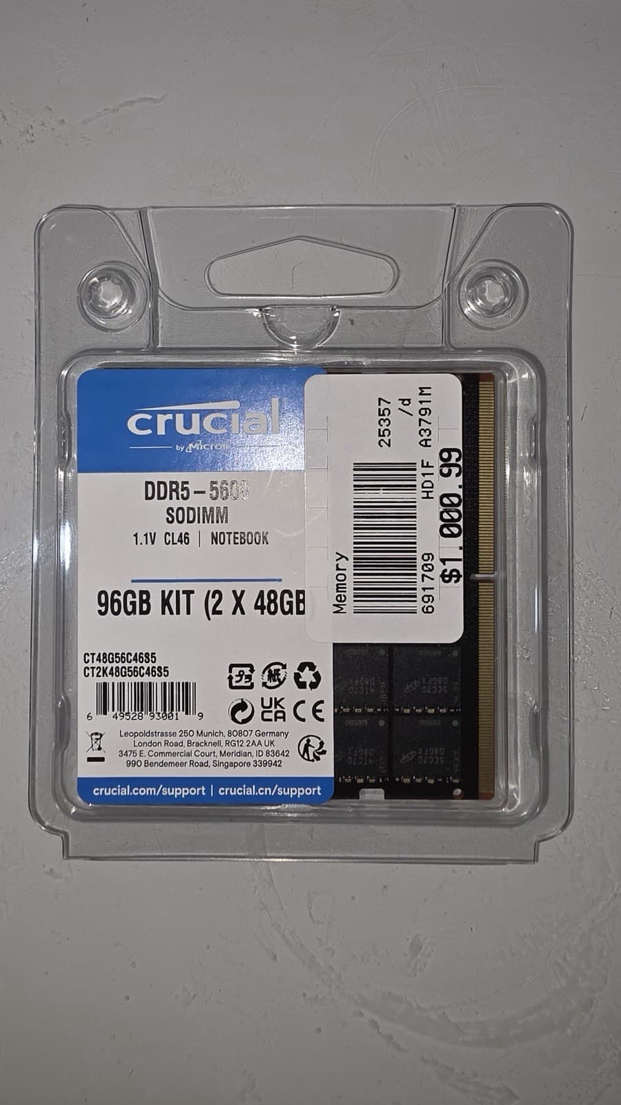 Crucial 96GB DDR5 RAM, 5600MHz (or 5200MHz or 4800MHz) Laptop Memory Kit, SODIMM 262-Pin, Compatible with 13th Gen Intel Core and AMD Ryzen 6000 - CT2K48G56C46S5