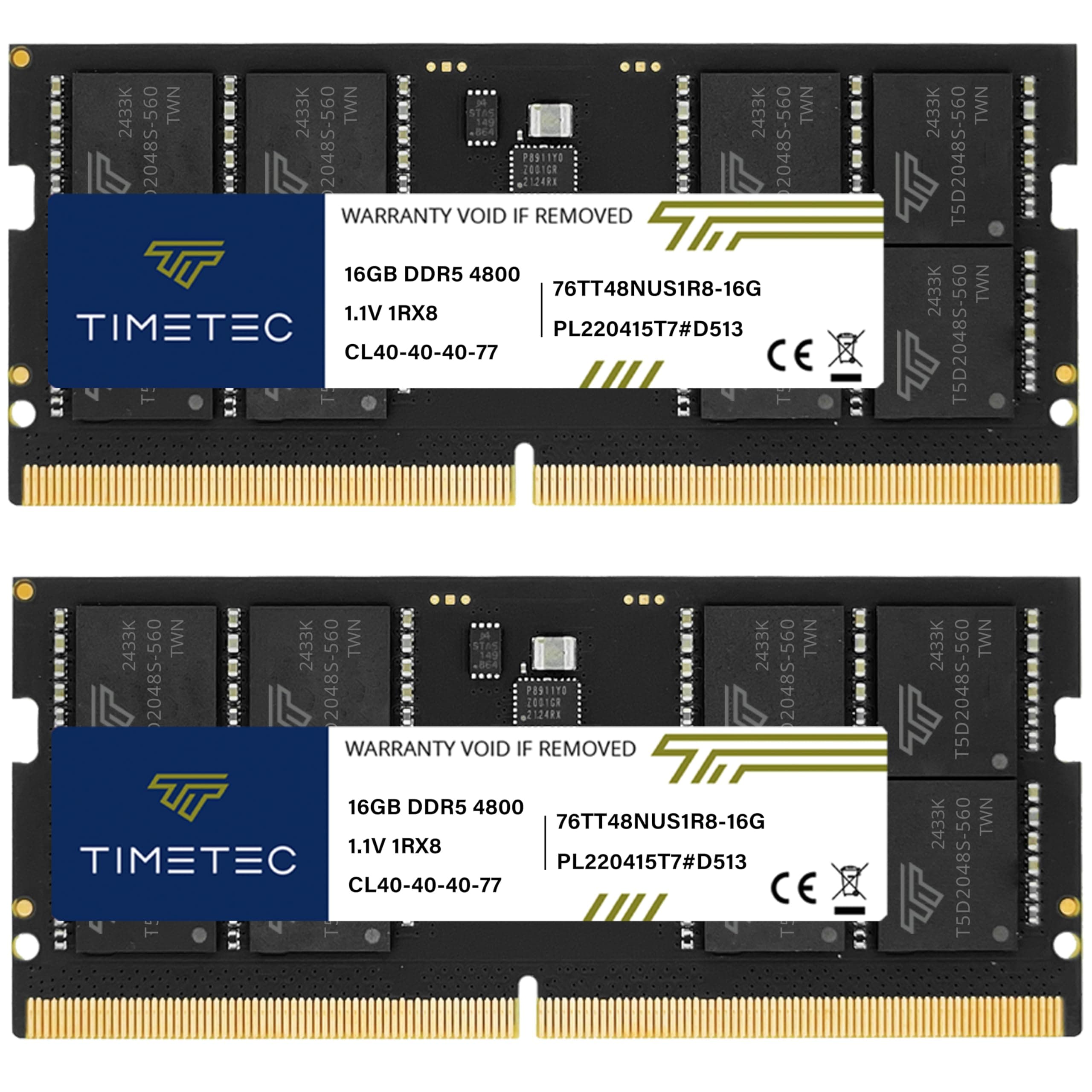 Timetec 32GB KIT(2x16GB) DDR5 4800MHz PC5-38400 Unbuffered Non-ECC 1.1V CL40 1Rx8 Single Rank 262 Pin SODIMM Laptop Memory RAM Module Upgrade (32GB KIT(2x16GB))