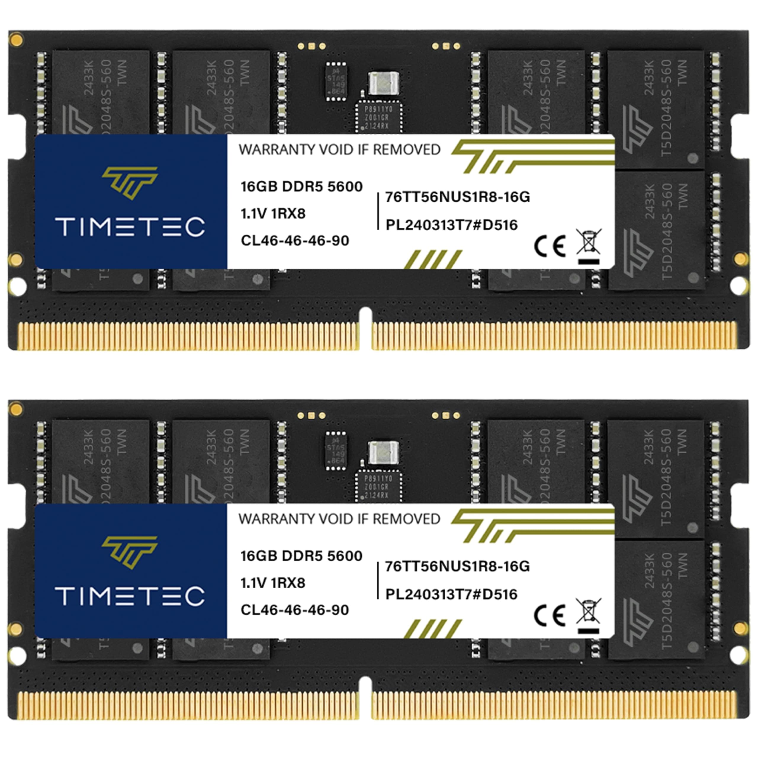 Timetec Premium 32GB KIT(2x16GB) DDR5 5600MHz PC5-44800 Unbuffered Non-ECC 1.1V CL46 1Rx8 Single Rank 262 Pin SODIMM Laptop Memory RAM Upgrade